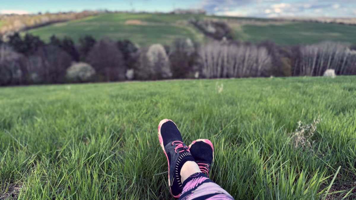 Nohy ve sportovních botách na louce MADIO Nohy ve sportovních botách na louce MADIO